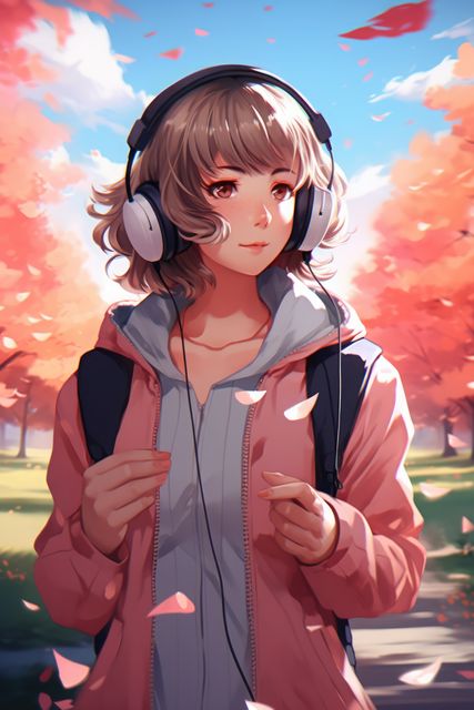 Lofi anime girl wearing headphones in park, created using generative ai technology. Anime, youth culture and urban style concept digitally generated image.