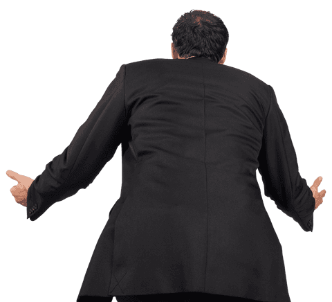 Confident businessman in black suit symmetrical transparent pose