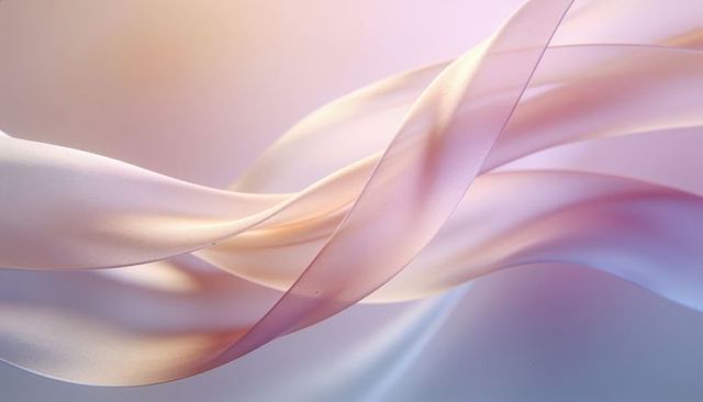 Pearlescent pastel silk ribbons flowing in soft gradient light, ethereal abstract