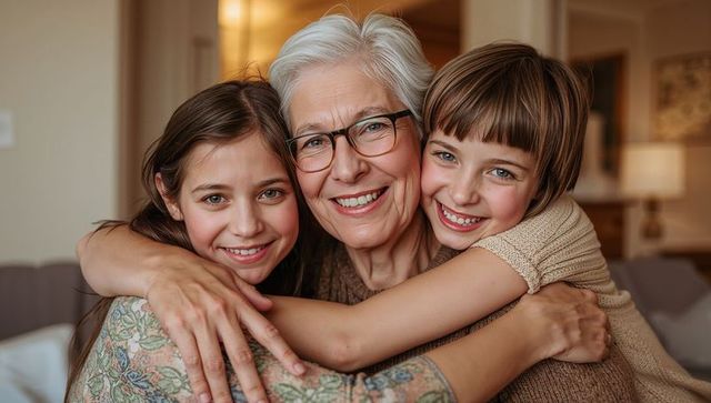 Smiling silver-haired grandmother hugging two joyful granddaughters on cozy living room sofa