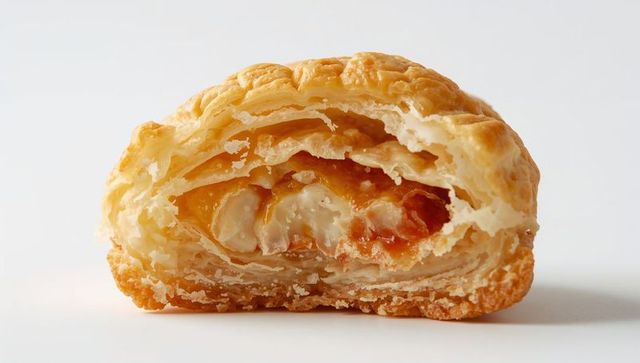 Halved flaky puff pastry revealing jam and fruit pieces macro close-up for bakery