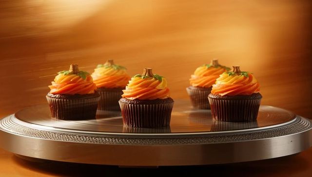 Chocolate Cupcakes with Pumpkin-Themed Swirls on Metal Platter