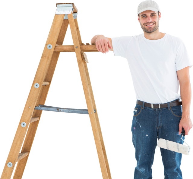 Happy Painter Man with Paint Roller and Wooden Ladder Transparent Background - Download Free Stock Videos Pikwizard.com