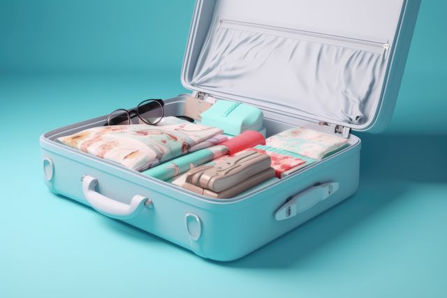 Open blue suitcase packed with accessories, blue background, created using generative ai technology. Travel, exploration and vacations, digitally generated image.