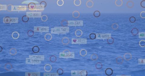 Digital notifications floating above serene ocean waves