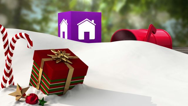 Sparkling winter scene features wrapped present in snow alongside vibrant candy canes and red mailbox. Purple cube with house logos signifies home and family during holidays. Ideal for holiday greeting cards, festive advertising, and seasonal marketing campaigns with themes of warmth and celebration.