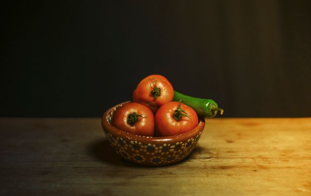 Fresh tomatoes and green pepper piled in a decorative ceramic bowl placed on a wooden table. This image features bright, organic vegetables with sharp contrasts and beautiful colors, reflecting simplicity and rustic charm. Ideal for food blogs, cooking websites, healthy eating promotions, kitchen decor inspirations, and content related to fresh produce or gardening.