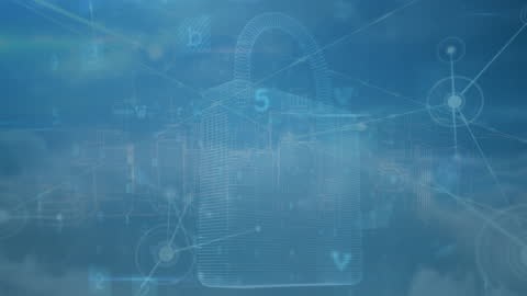 Digital Padlock Security Icon with Data Connections Overlay