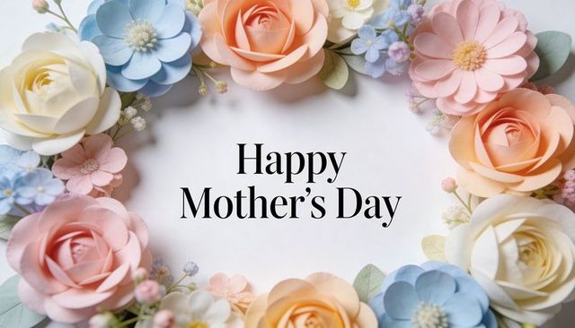 Celebrating mother's day with pastel paper flower wreath and elegant serif card design