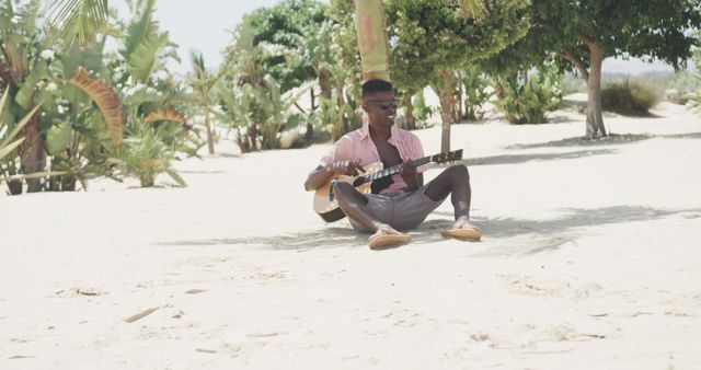 Man Playing Guitar on Tropical Beach under Palm Trees - Download Free Stock Images Pikwizard.com