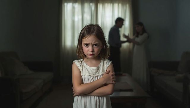 Serious young girl in living room with arguing parents