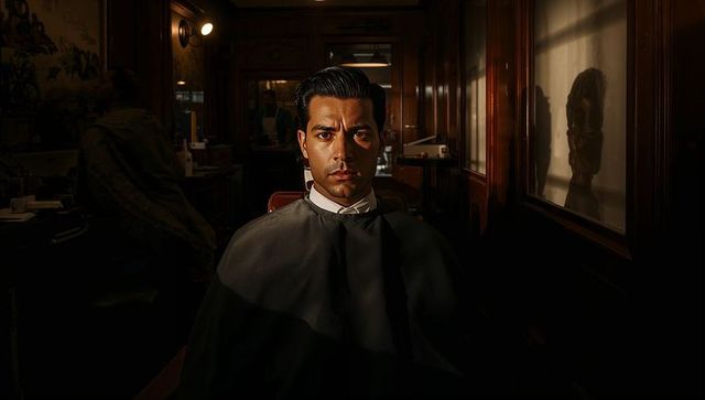 Moody cinematic barbershop portrait of male client sitting in barber chair under spotlight