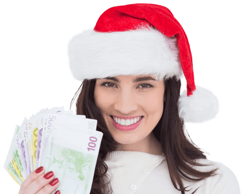 Joyful Woman Wearing Santa Hat Holding Euros Over White Background