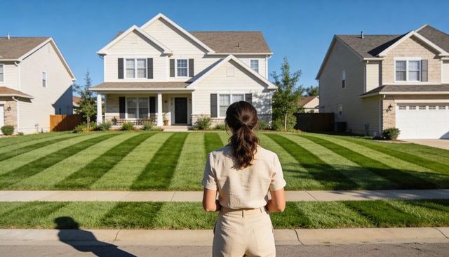 Woman standing on street facing two-story suburban house with manicured striped lawn and driveway