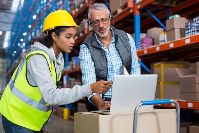 Warehouse manager and female worker using laptop in warehouse