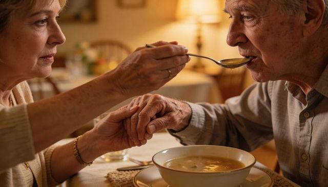 Elderly couple sharing soup: tender caregiving moment with warm cozy home dining ambience