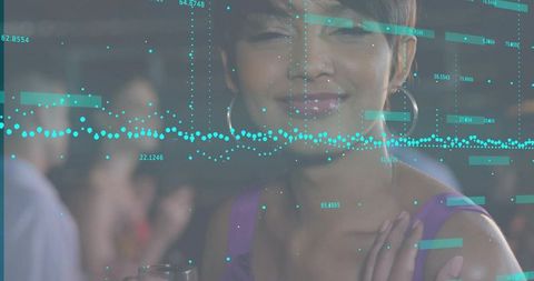 Woman enjoying lounge bar with futuristic data visualization overlay