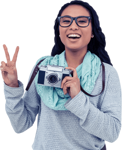 Transparent Asian Woman Holding Camera with Peace Sign Gesture - Download Free Stock Videos Pikwizard.com