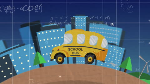 Animated School Bus with Math Equations and Cityscape