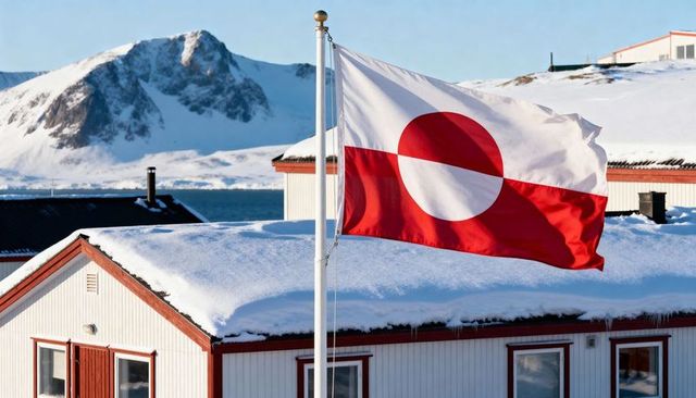 Greenland flag waving over snowy coastal village with fjord and red-trim wooden houses
