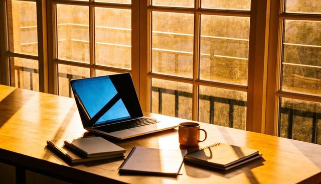 Sunlit home office laptop sitting on wooden desk with notebooks and coffee mug by window