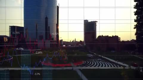 Cityscape with Financial Data Animation Overlay on Modern Skyscrapers