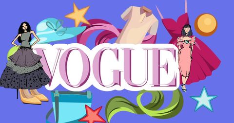 Stylized vogue text with fashion and accessories art