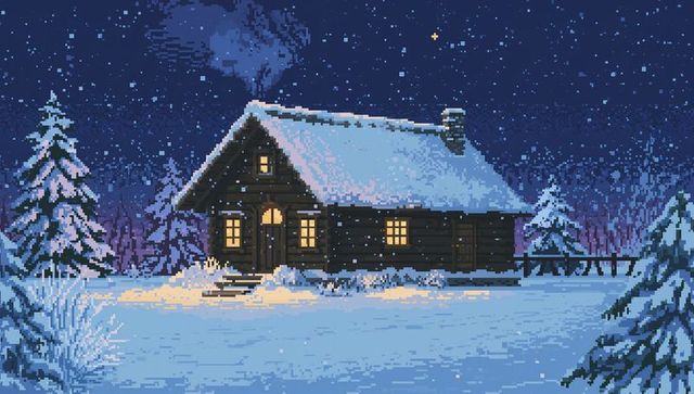 Glowing pixel art cabin in snowy forest with warm lit windows under starry night sky