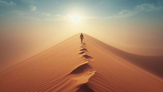 Silhouette Walking on Sand Dune at Sunrise in Desert Landscape
