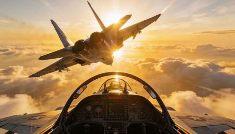 Cockpit view chasing twin-engine fighter jet at golden sunset above dramatic cloudscape