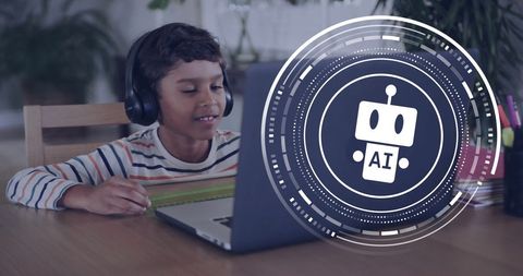 Young Boy Learning with AI Assistant on Laptop