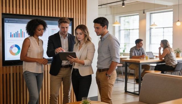 Team collaborating around tablet reviewing analytics dashboard in modern coworking office