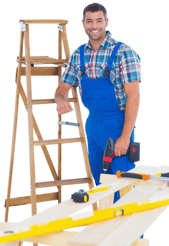 Smiling carpenter holding power drill with ladder and tools transparent background