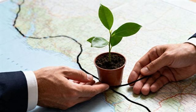 Growing business strategy hands tracing route around potted sapling on map
