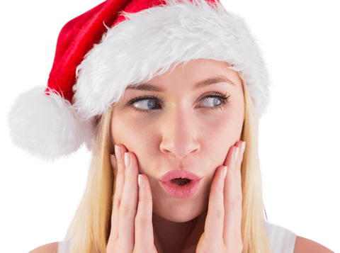 Surprised Blonde Woman Wearing Festive Santa Hat on Transparent Background