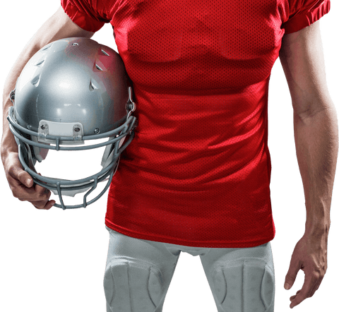 Midsection of athlete in red jersey holding football helmet transparent background