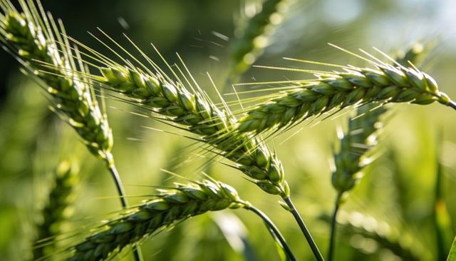 Backlit green wheat spikes catching sunlight closeup with long awns and spikelets