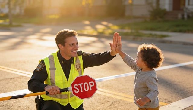 Police officer giving high-five to toddler at neighborhood crosswalk with stop paddle