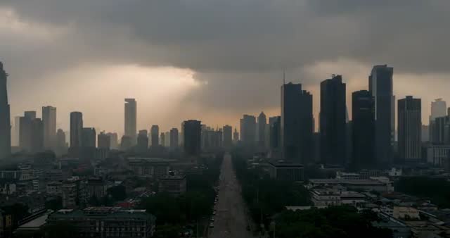 Sunbeams Breaking Through Clouds Over Modern Boulevard