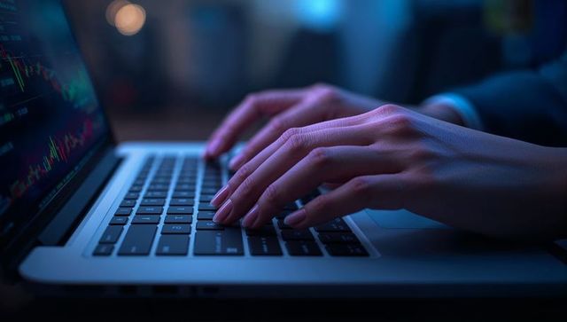 Professional Hands Typing on Laptop with Financial Charts