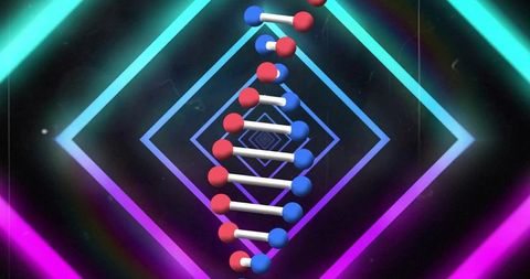 Neon dna helix rotating in futuristic synthwave tunnel with glowing diamond frames