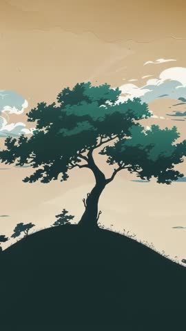 Vertical Animated Landscape Teal Clouds Drifting Past Stylized Tree on Rolling Hill