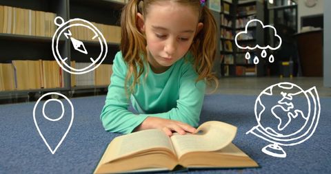 Caucasian Schoolgirl Reading in Library with Digitally Generated Icons