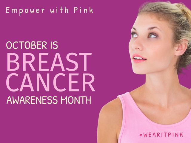 Woman wearing pink tank top showing support for Breast Cancer Awareness Month. Ideal for breast cancer awareness campaigns, healthcare websites, social media posts, promotional materials, and fundraising event advertisements.