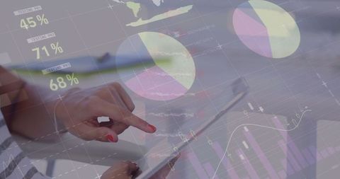 Data analysis on tablet overlaying colorful financial graphics