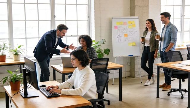 Team collaborating in bright open office with focused employee typing at desktop near whiteboard