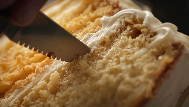 Serrated knife cutting layered vanilla cake with cream frosting, crumb texture closeup