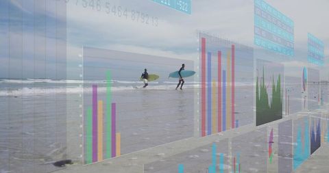 Surfers walking and carrying boards across wet sand with augmented coastal data overlays