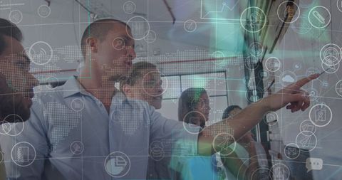 Innovative Business Team Analyzing Digital Data Overlay