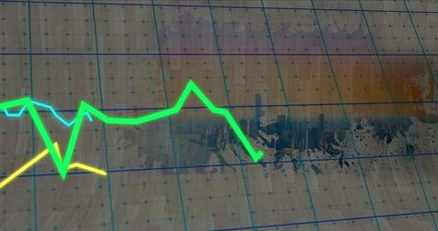 Showing neon green trend line sloping across urban skyline on grunge grid